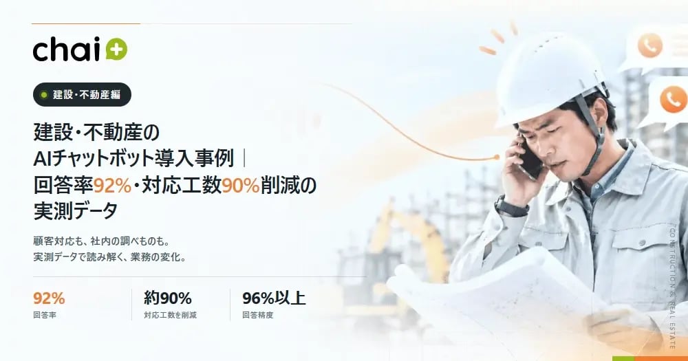 建設・不動産のAIチャットボット導入事例|回答率92%・対応工数90%削減の実測データ【chai+】