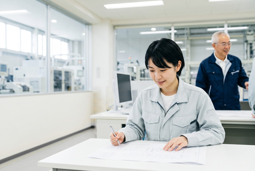 工場の技術棟の設計室で、印刷した図面にペンを当てて見直す若手技術者。奥ではベテラン技術者が同僚と話し、ガラス越しに生産ラインが見える