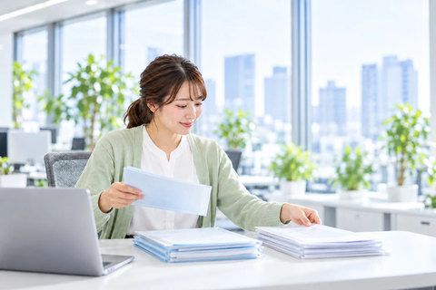 自分の席で、資料のファイルを2つの山に分けて整理する営業担当