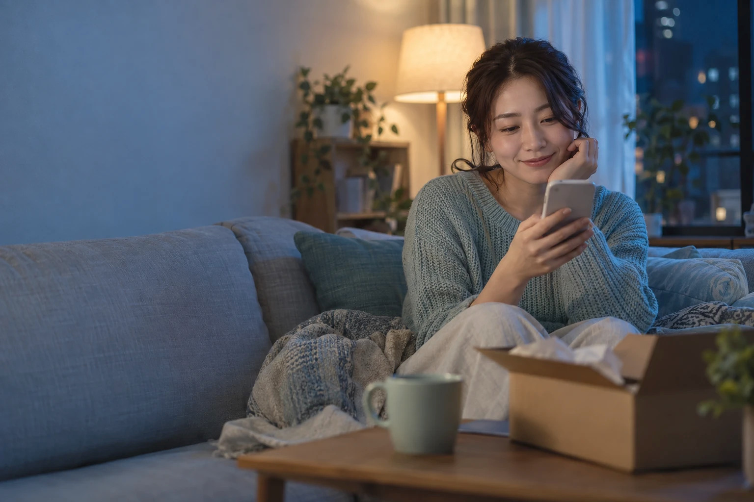 夜、自宅のソファでスマートフォンを見て、ほっとした表情を浮かべる女性