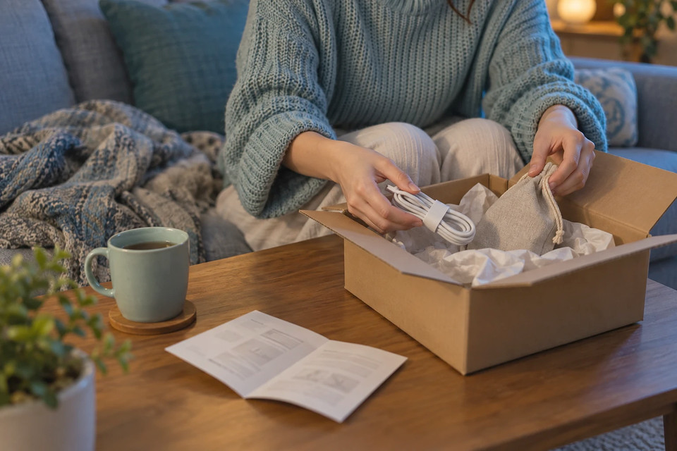 届いた段ボールから付属品を取り出すお客様の手元