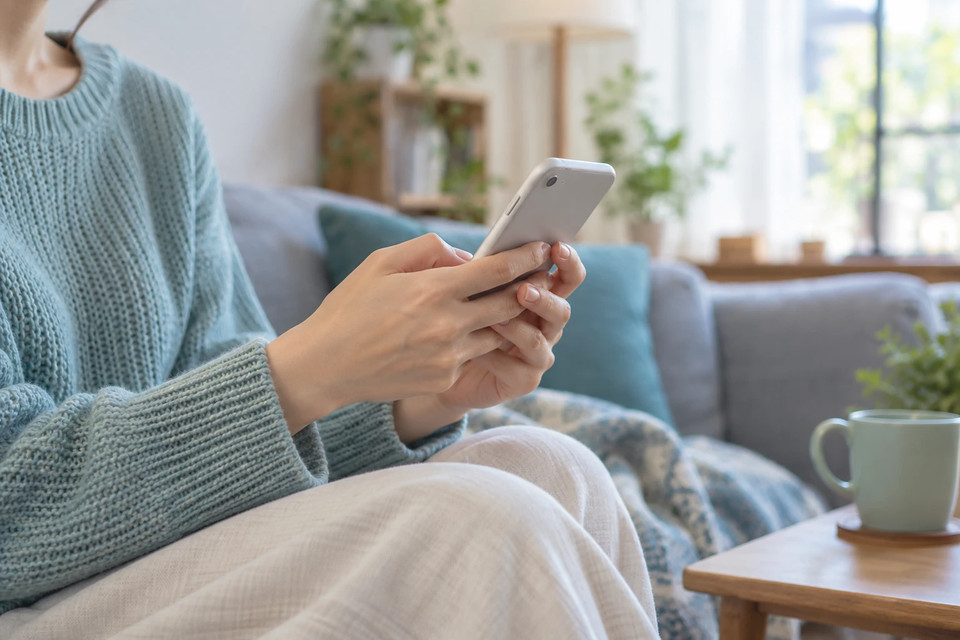 ソファでスマートフォンを使い、商品ページを見比べるお客様の手元