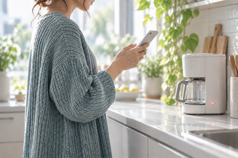 コーヒーメーカーの赤いランプを見ながら、スマートフォンで調べるお客様