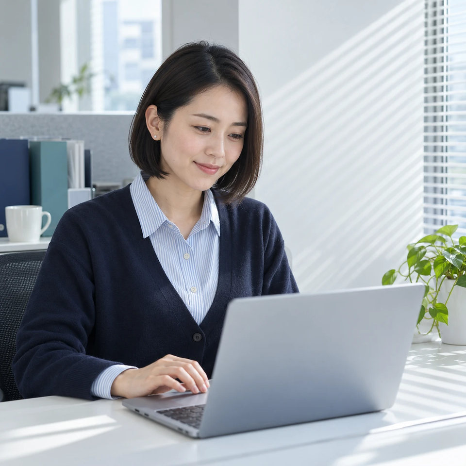 オフィスの自席で、ノートパソコンを見て納得した表情を浮かべる社員