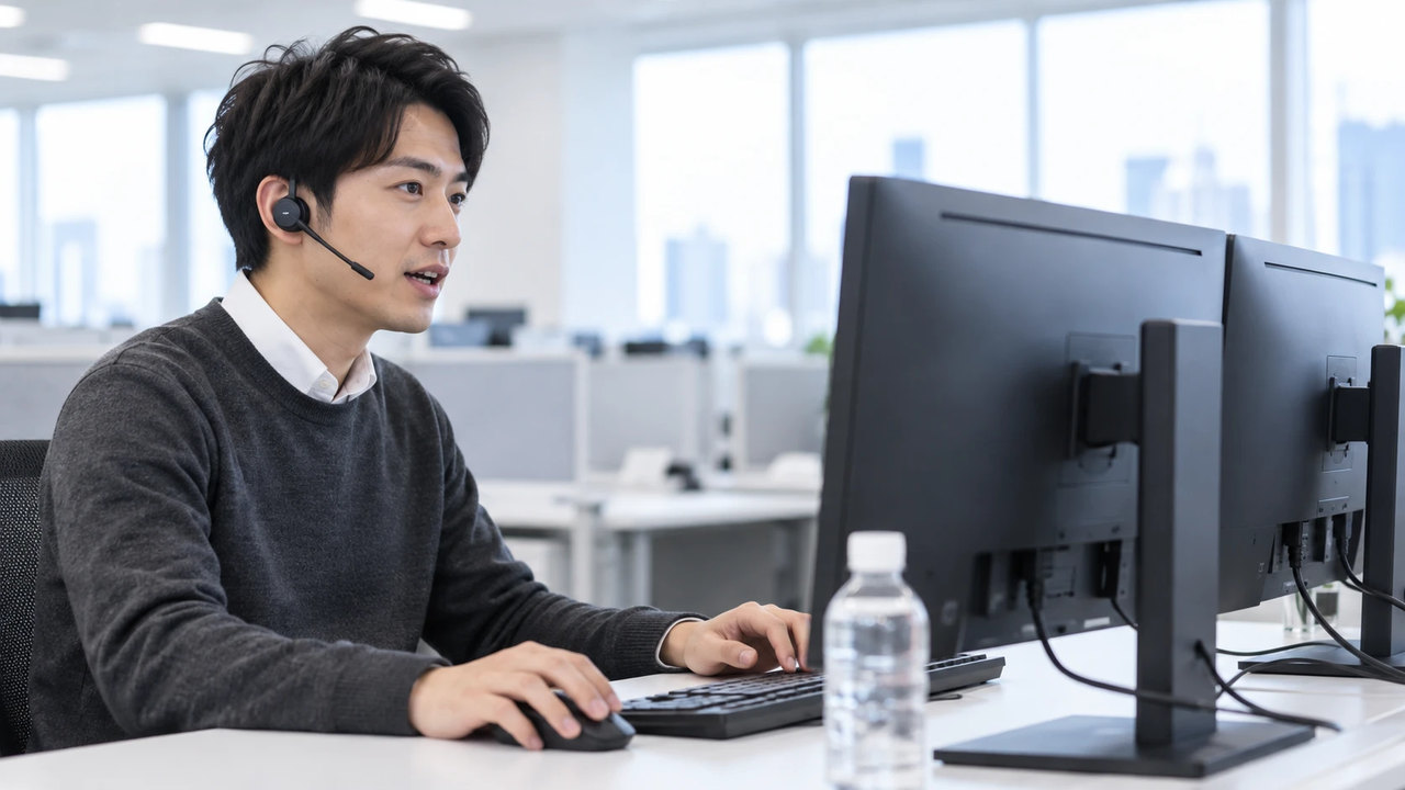 コンタクトセンターの席で、ヘッドセットを着けてお客様と話しながらモニターを確かめるオペレーター