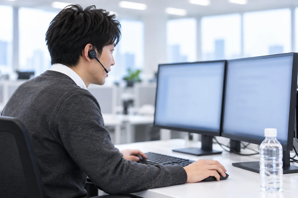 ヘッドセットを着けて応対しながら、モニターの回答を確かめるオペレーターを斜め後ろから見たところ