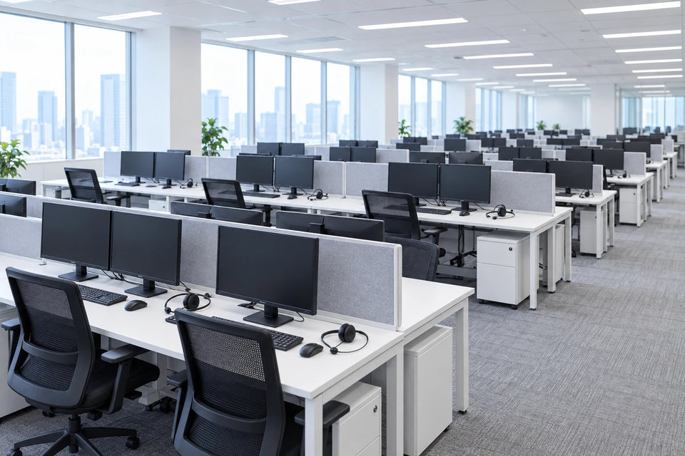 始業前の、人のいないコンタクトセンターのフロア